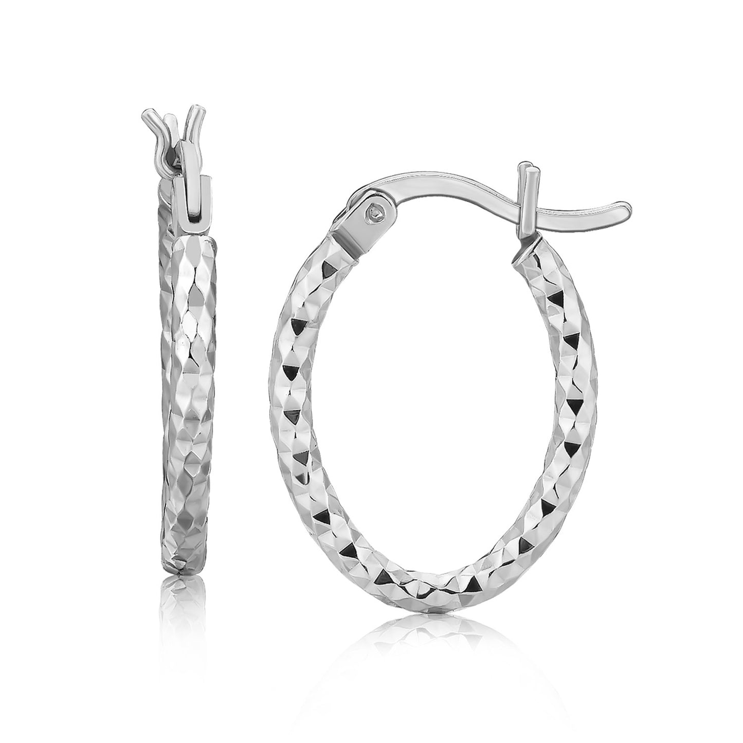 Sterling Silver Rhodium Plated Oval Hoop Diamond Cut Textured Earrings(2x10mm)