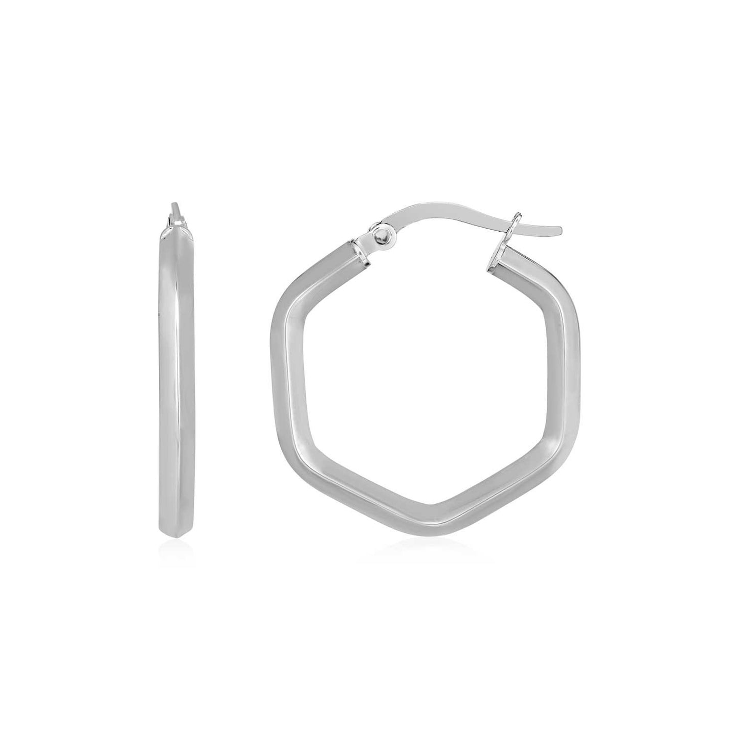 14k White Gold Shiny Hexagon Hoop Earrings