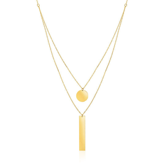 14k Yellow Gold 18 inch Two Strand Necklace with Circle and Bar Pendants