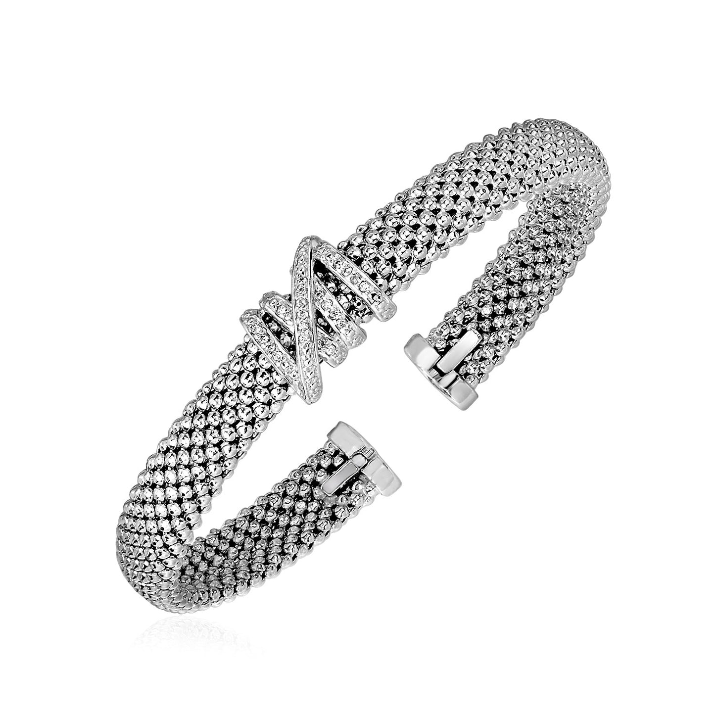 Popcorn Texture Cuff Bangle with Diamonds in Sterling Silver