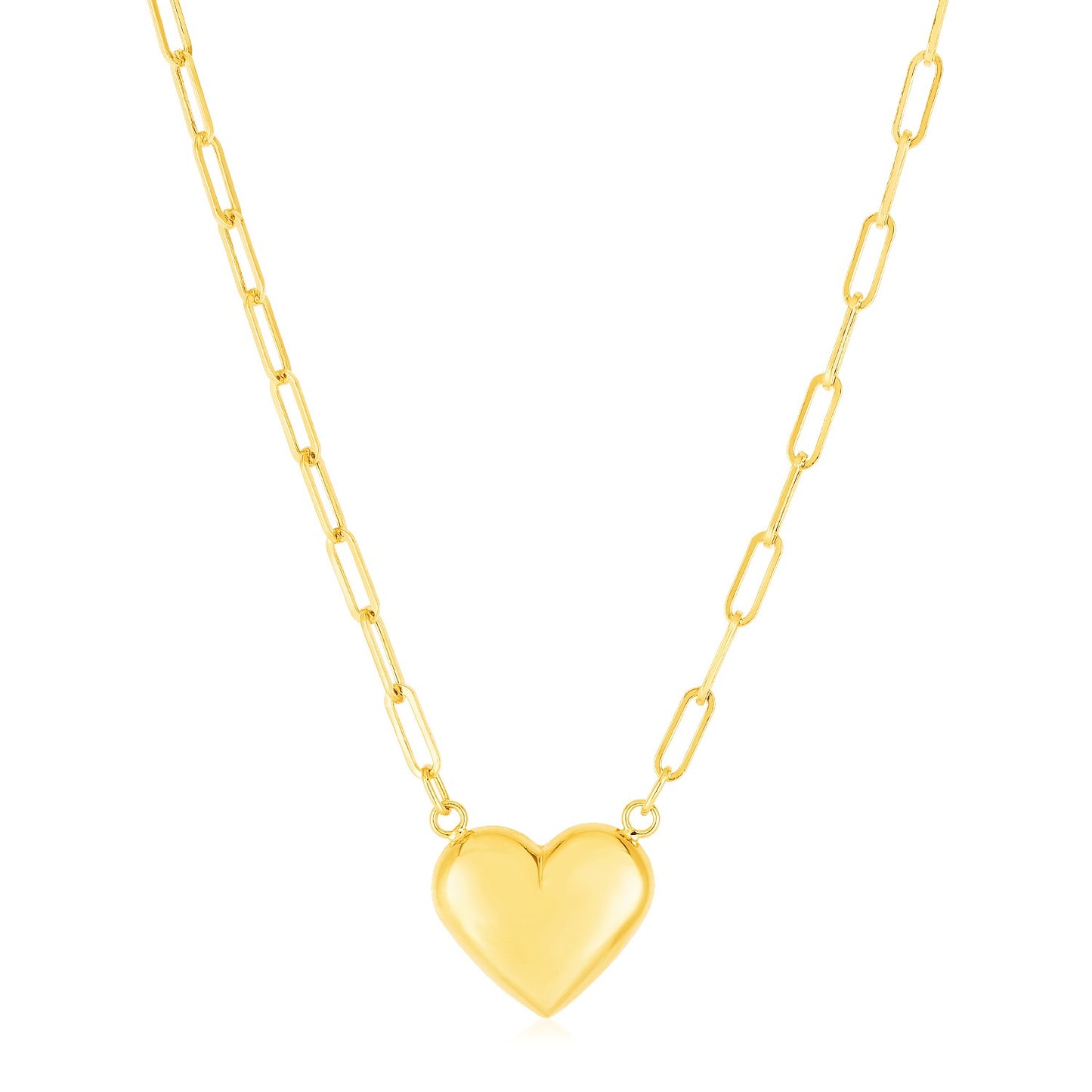 14k Yellow Gold Paperclip Chain Necklace with Puffed Heart