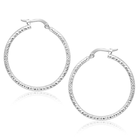 14k White Gold Tube Textured Round Hoop Earrings