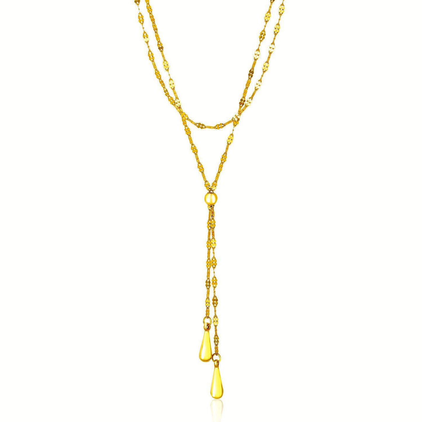 14k Yellow Gold Double Strand Chain with Puffed Heart Lariat Necklace