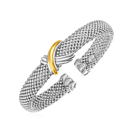 Popcorn Texture Cuff Bangle with X Motif in Sterling Silver and 18k Yellow Gold