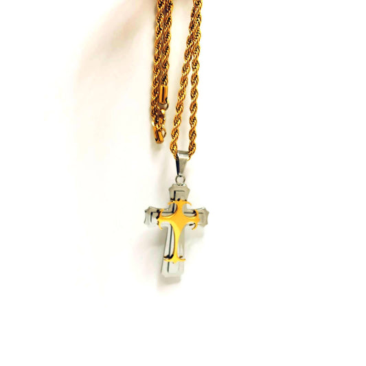 Double Cross w/ Gold Gothic Top Cross Chain